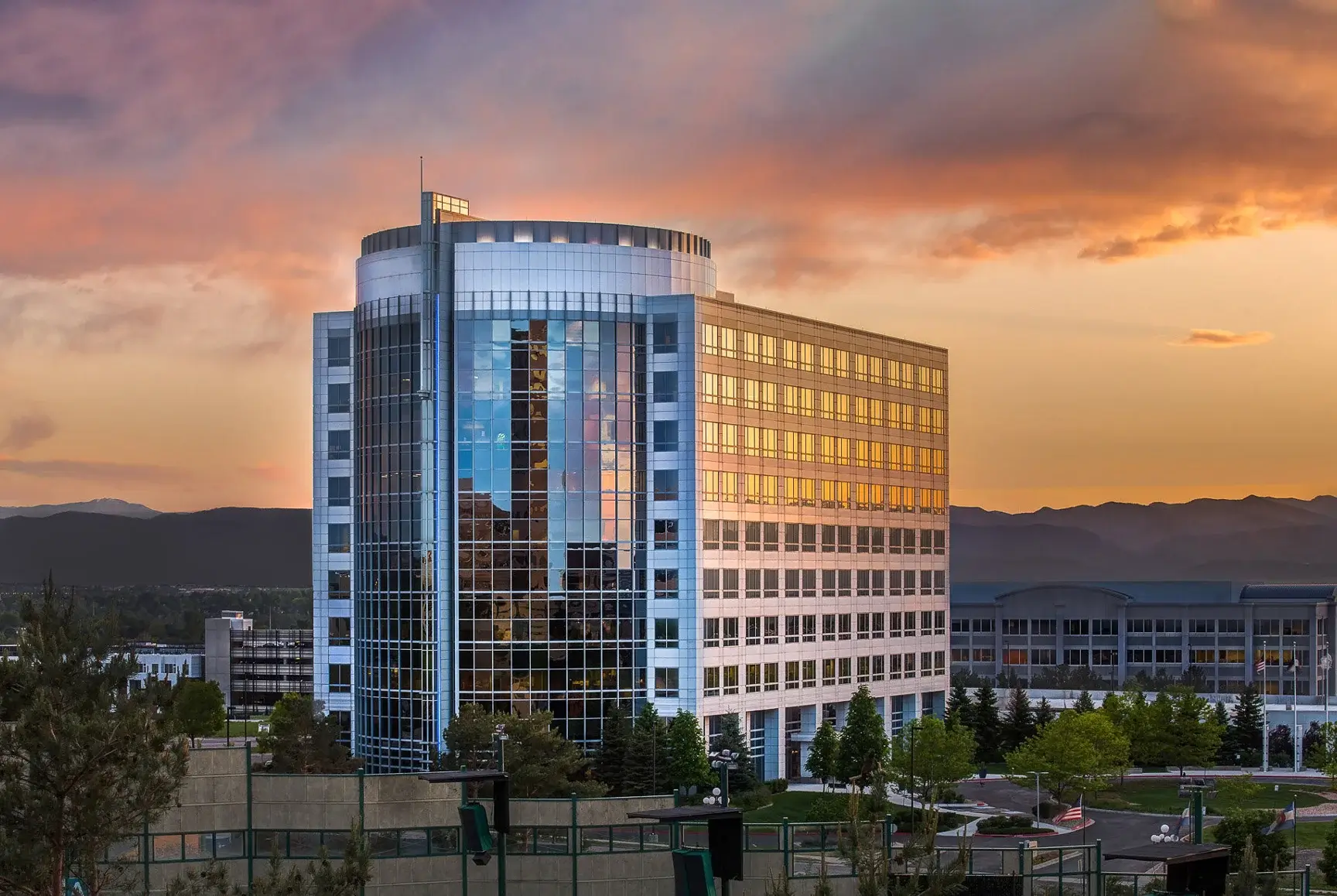 beautiful sunset behind Peakview Tower